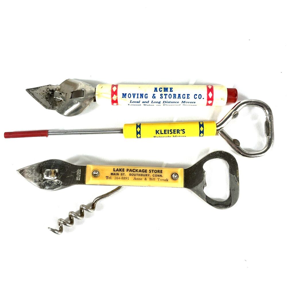 Vintage Advertising Memorabilia: 3 Bottle Openers Ice Pick Can Opener Cork Screw